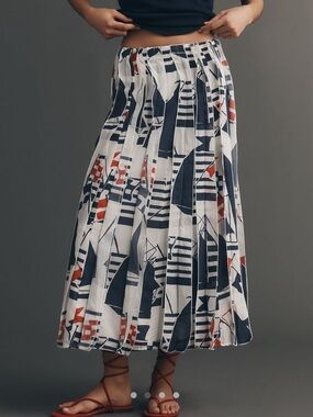⛵️Anthropologie Piped Midi Skirt Maeve NEW Small Novelty Sailboat Navy White